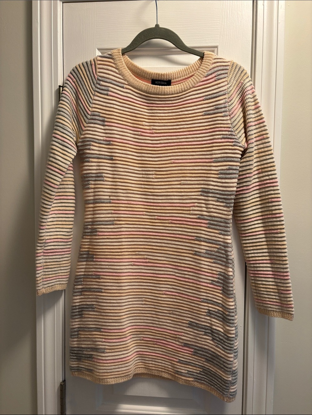 Kerisma Cream Ribbed Sweater Dress with Pink & Gray Stripes